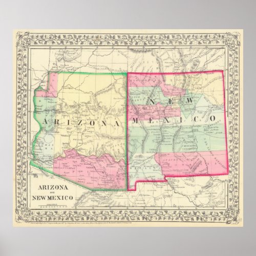 Vintage Map of Arizona and New Mexico 1867 Poster