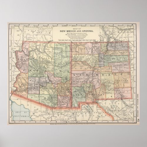 Vintage Map of Arizona and New Mexico 1891 Poster