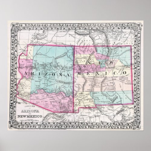 Vintage Map of Arizona and New Mexico Poster