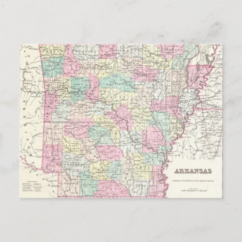 Vintage Map of Arkansas 1855 Postcard