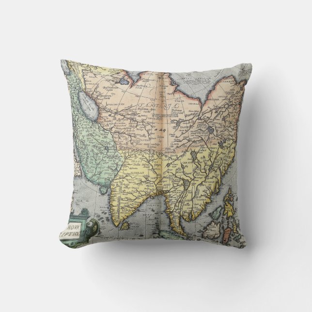 Vintage Map of Asia | 1592 Throw Pillow (Front)
