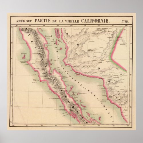 Vintage Map of Baja California 1827 Poster