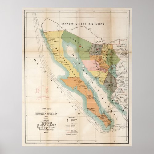 Vintage Map of Baja California 1908 Poster