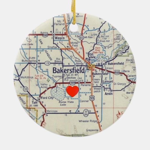 Vintage Map of Bakersfield California Ceramic Ornament