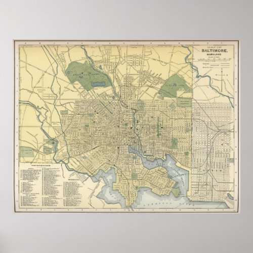 Vintage Map of Baltimore Maryland 1891 Poster