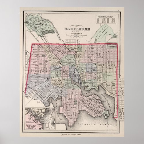 Vintage Map of Baltimore MD 1876 Poster