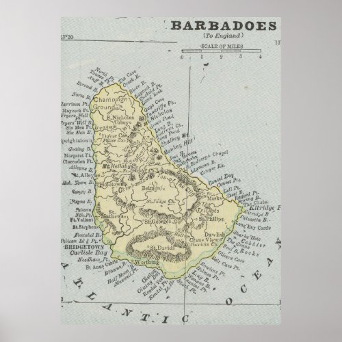 Vintage Map of Barbados 1901 Poster