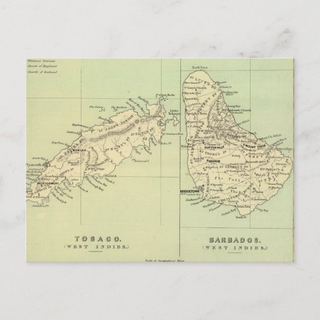 Vintage Map of Barbados and Tobago (1853) Postcard (Front)