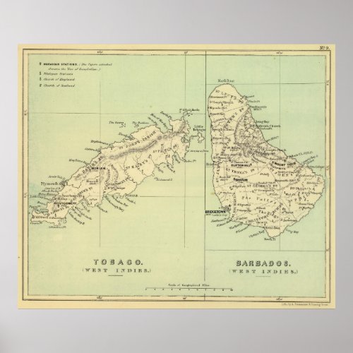Vintage Map of Barbados and Tobago 1853 Poster