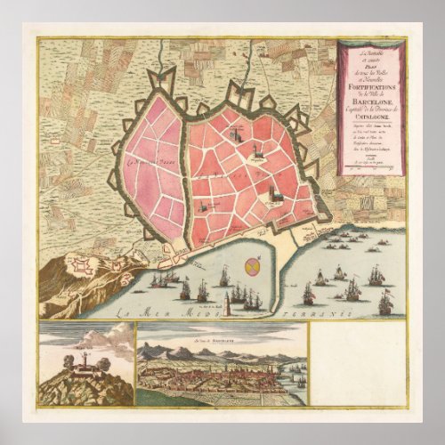 Vintage Map of Barcelona Spain 1706 Poster