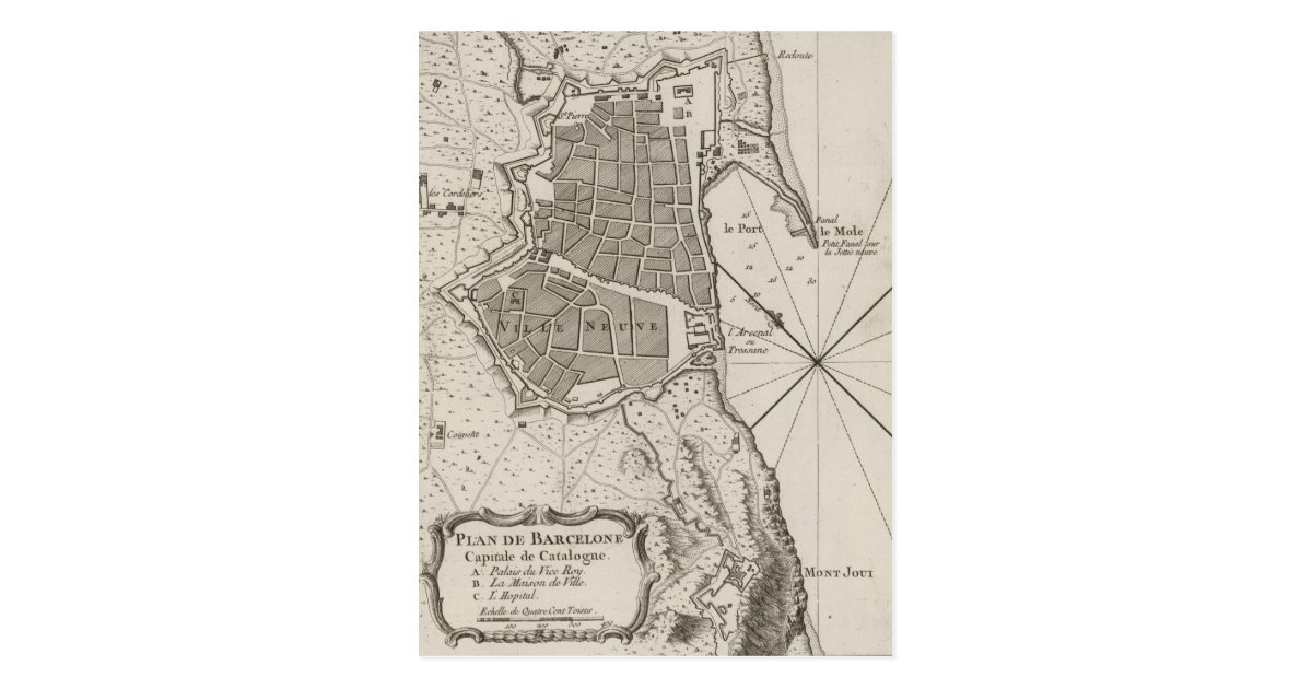 Vintage Map Of Barcelona Spain 1764 Postcard Zazzle Com