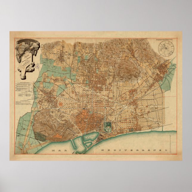 Vintage Map of Barcelona Spain (1890) Poster (Front)