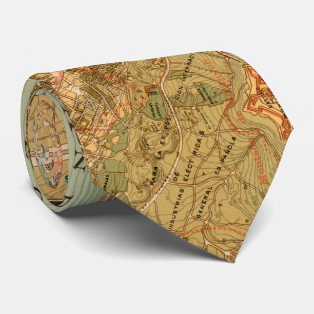 Vintage Map of Barcelona Spain (1919) Neck Tie (Rolled)