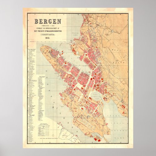 Vintage Map of Bergen Norway 1885 Poster