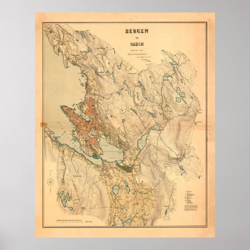 Vintage Map of Bergen Norway 1907 Poster