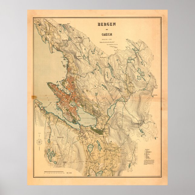Vintage Map of Bergen Norway (1907) Poster (Front)
