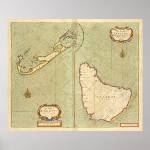 Vintage Map of Bermuda  Barbados 1707 Poster