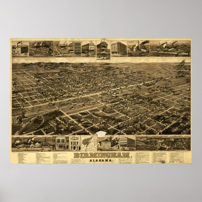 Vintage Map of Birmingham, Alabama (1885) Poster (Front)