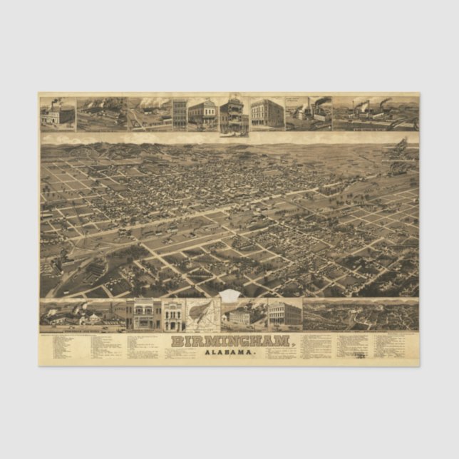 Vintage Map of Birmingham, Alabama (1885) Tissue Paper (Front)