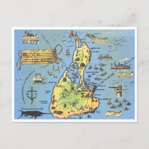 Vintage Map of Block Island Rhode Island Postcard