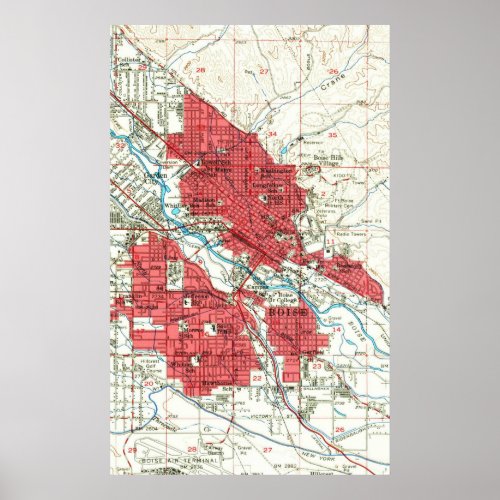 Vintage Map of Boise Idaho 1954 Poster