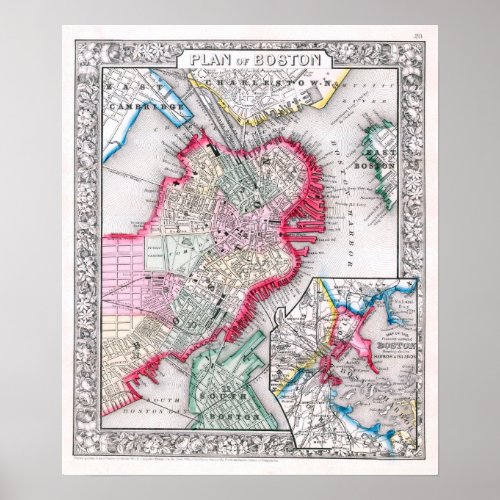 Vintage Map of Boston 1864 Poster