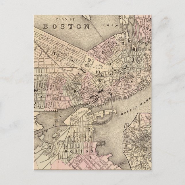 Vintage Map of Boston (1880) Postcard (Front)