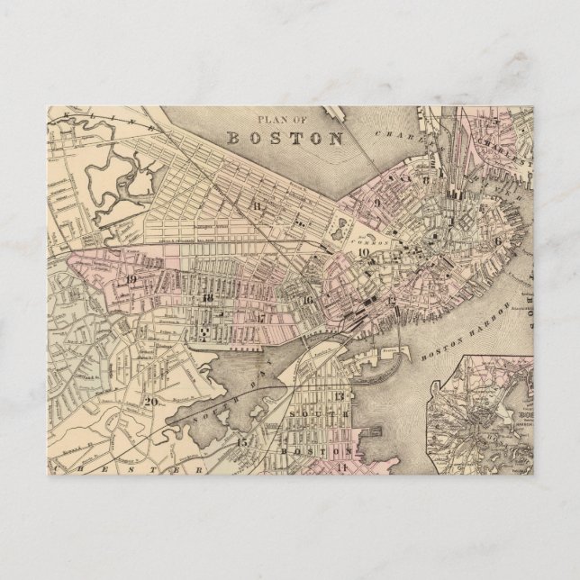 Vintage Map of Boston (1880) Postcard (Front)