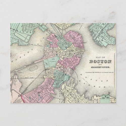 Vintage Map of Boston Harbor 1857 Postcard