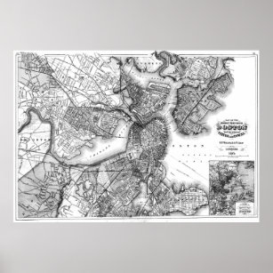 Vintage Map of Boston Massachusetts (1871) BW Poster