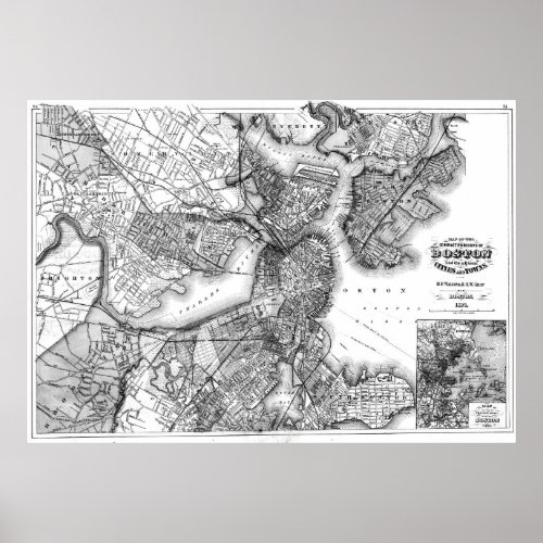 Vintage Map of Boston Massachusetts 1871 BW Poster