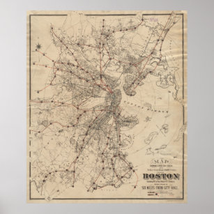 Vintage Map of Boston Railroads (1876) Poster