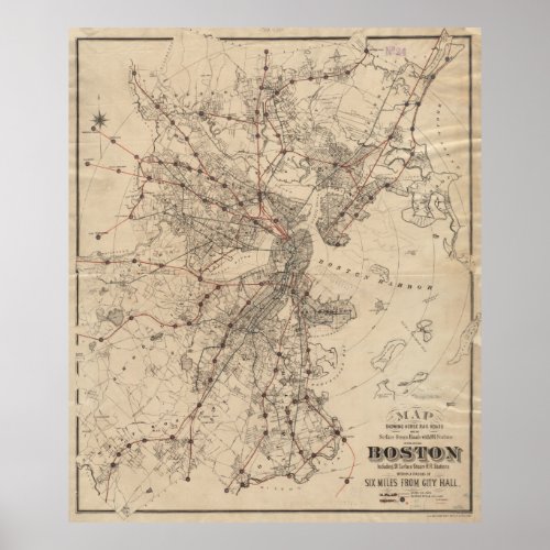 Vintage Map of Boston Railroads 1876 Poster