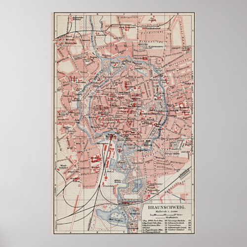 Vintage Map of Braunschweig Germany 1905 Poster