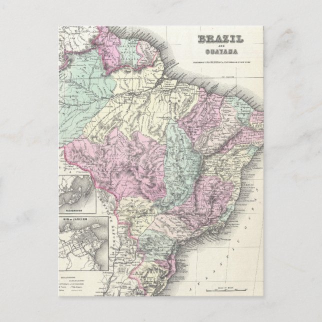 Vintage Map of Brazil (1855) Postcard (Front)