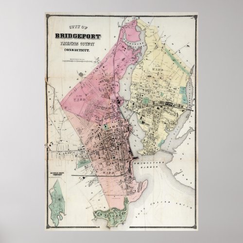 Vintage Map of Bridgeport CT 1867 Poster