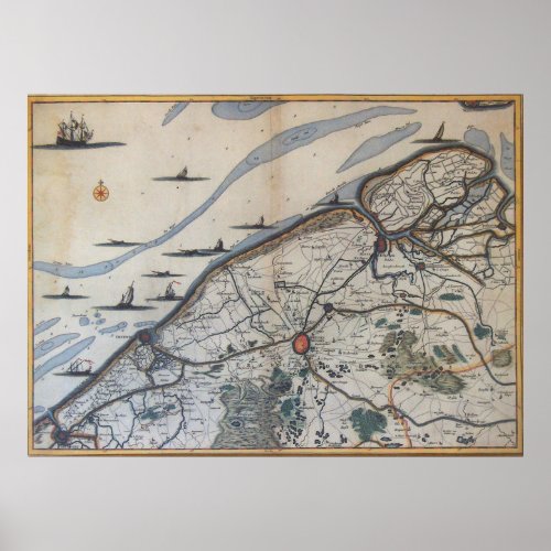 Vintage Map of Bruges Belgium 17th Century Poster