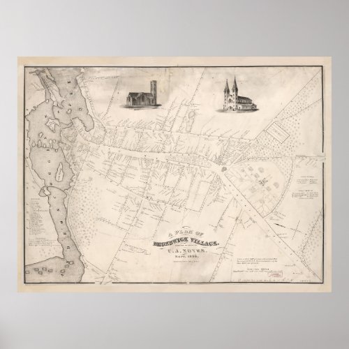 Vintage Map of Brunswick ME 1846 Poster