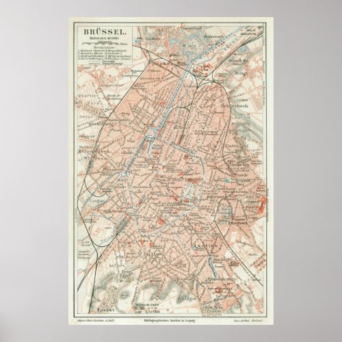 Vintage Map of Brussels Belgium 1907 Poster