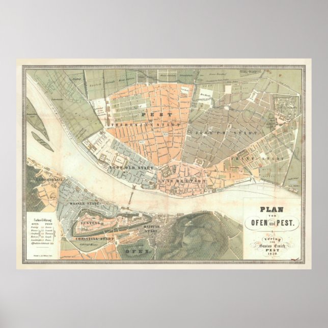 Vintage Map of Budapest Hungary (1850) Poster (Front)