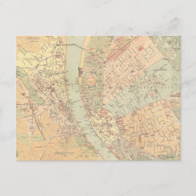 Vintage Map of Budapest Hungary (1884) Postcard (Front)