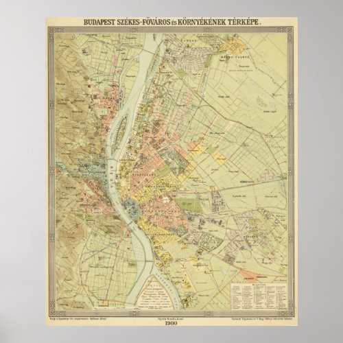 Vintage Map of Budapest Hungary 1900 Poster
