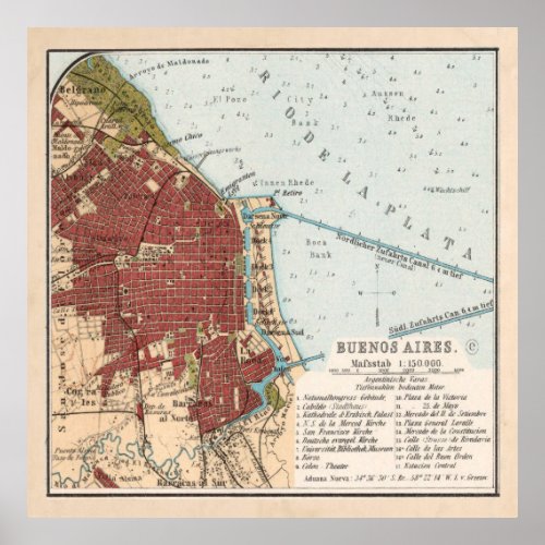 Vintage Map of Buenos Aires Argentina 1904 Poster