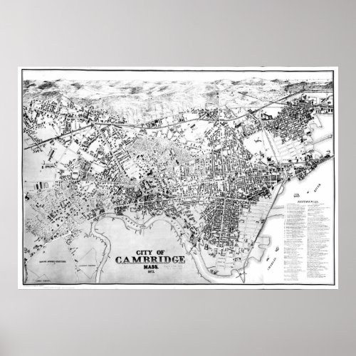 Vintage Map of Cambridge Massachusetts 1877 BW Poster