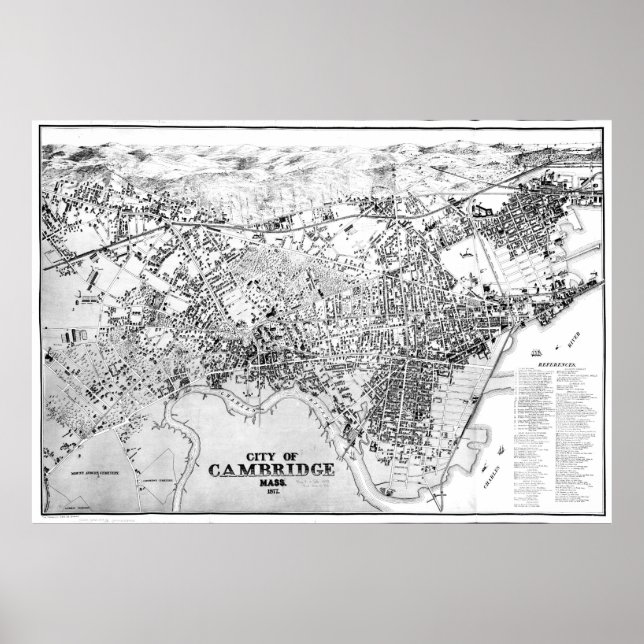 Vintage Map of Cambridge Massachusetts (1877) BW Poster (Front)