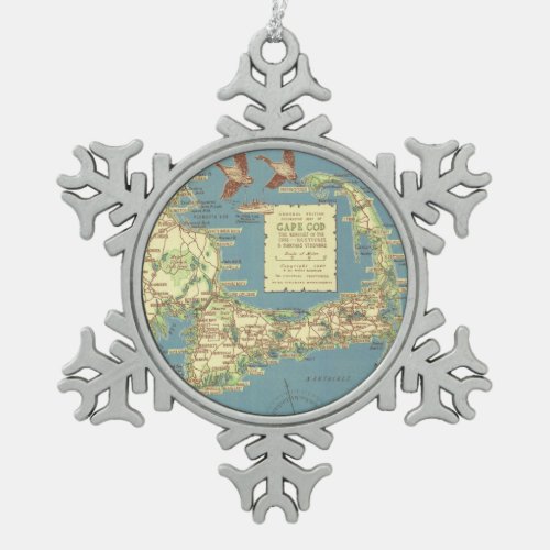 Vintage Map of Cape Cod 1940 Snowflake Pewter Christmas Ornament