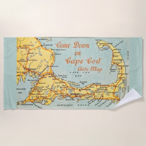 Vintage Map of Cape Cod Blue Beach Towel