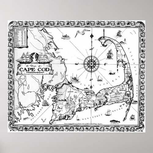 Vintage Map of Cape Cod BW Poster