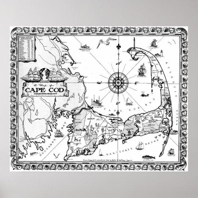 Vintage Map of Cape Cod BW Poster (Front)