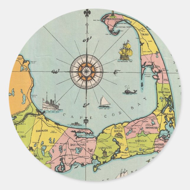 Vintage Map of Cape Cod Classic Round Sticker (Front)
